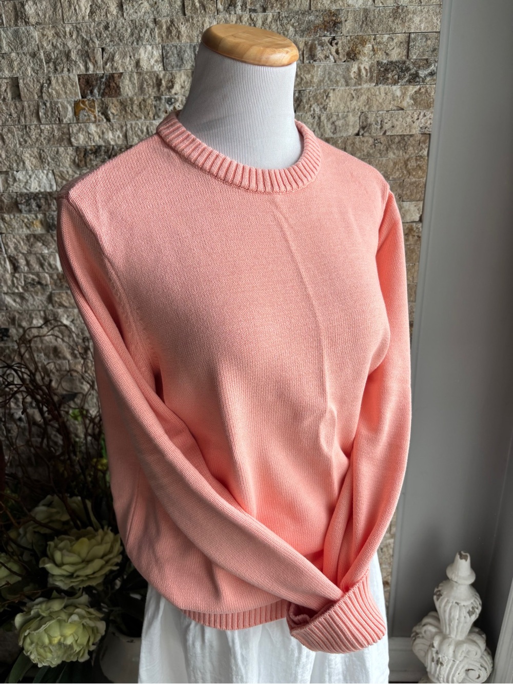 Lands' End Women's Crewneck Sweater in Soft Peach 100% Cotton